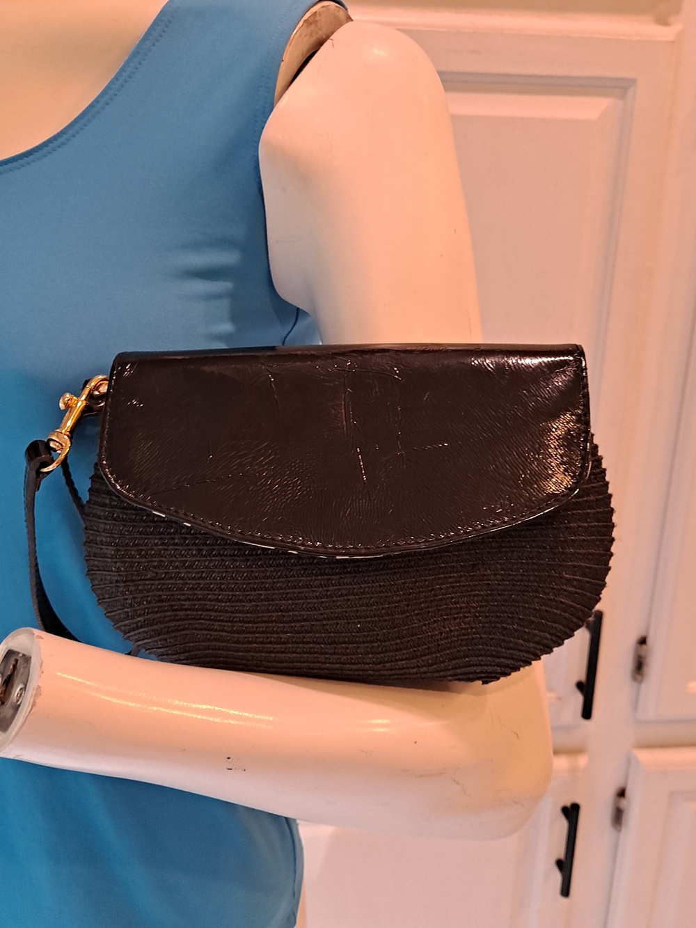 Talbots Black Woven Straw Glossy Patent Leather Flap Wristlet Clutch Bag